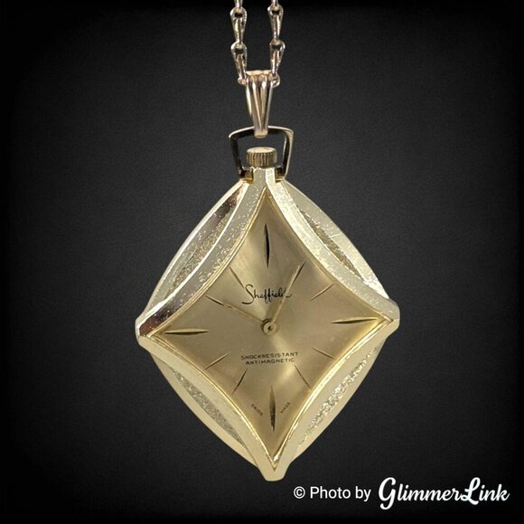 Vintage Sheffield Swiss Made Gold Tone Diamond Shape Pendant Watch Necklace - Picture 7 of 10
